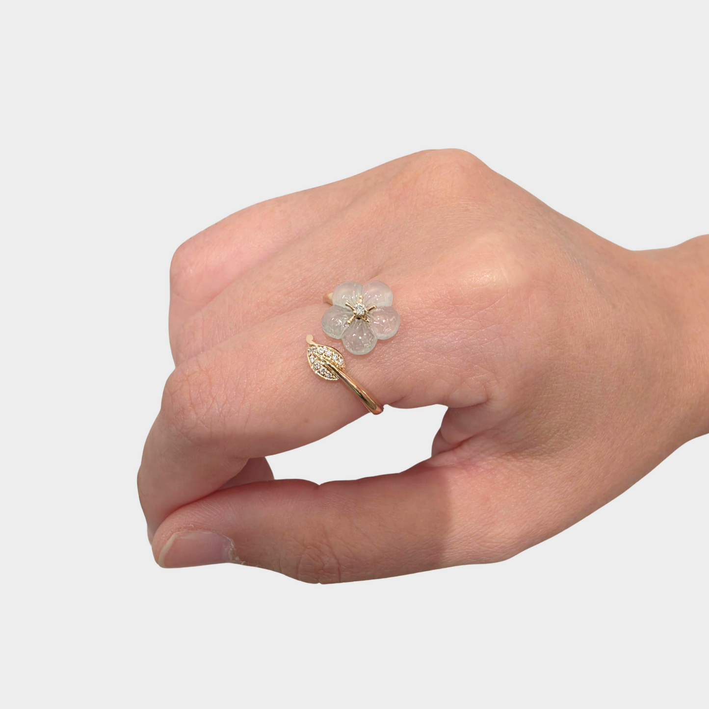 Icy "Peach Blossom" Jadeite Jade Ring in Yellow Gold with Diamonds