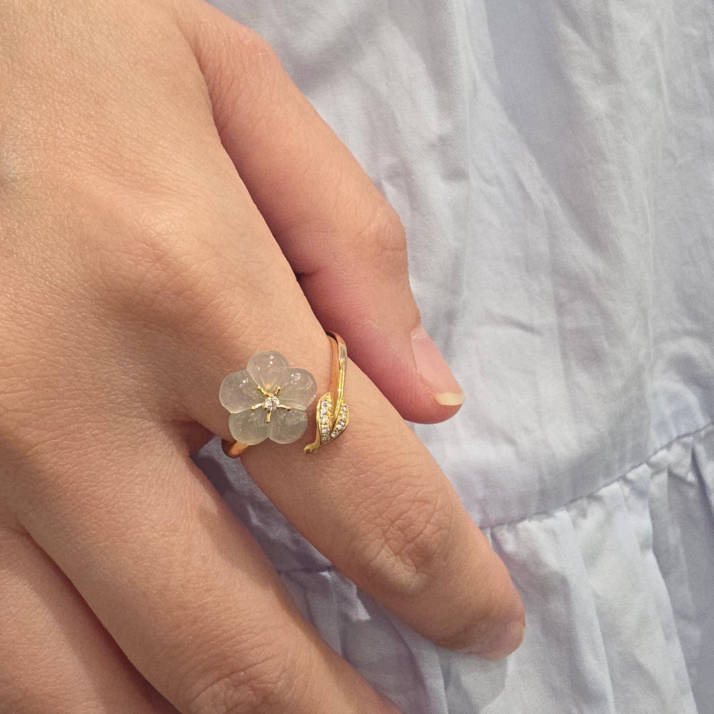 Icy "Peach Blossom" Jadeite Jade Ring in Yellow Gold with Diamonds
