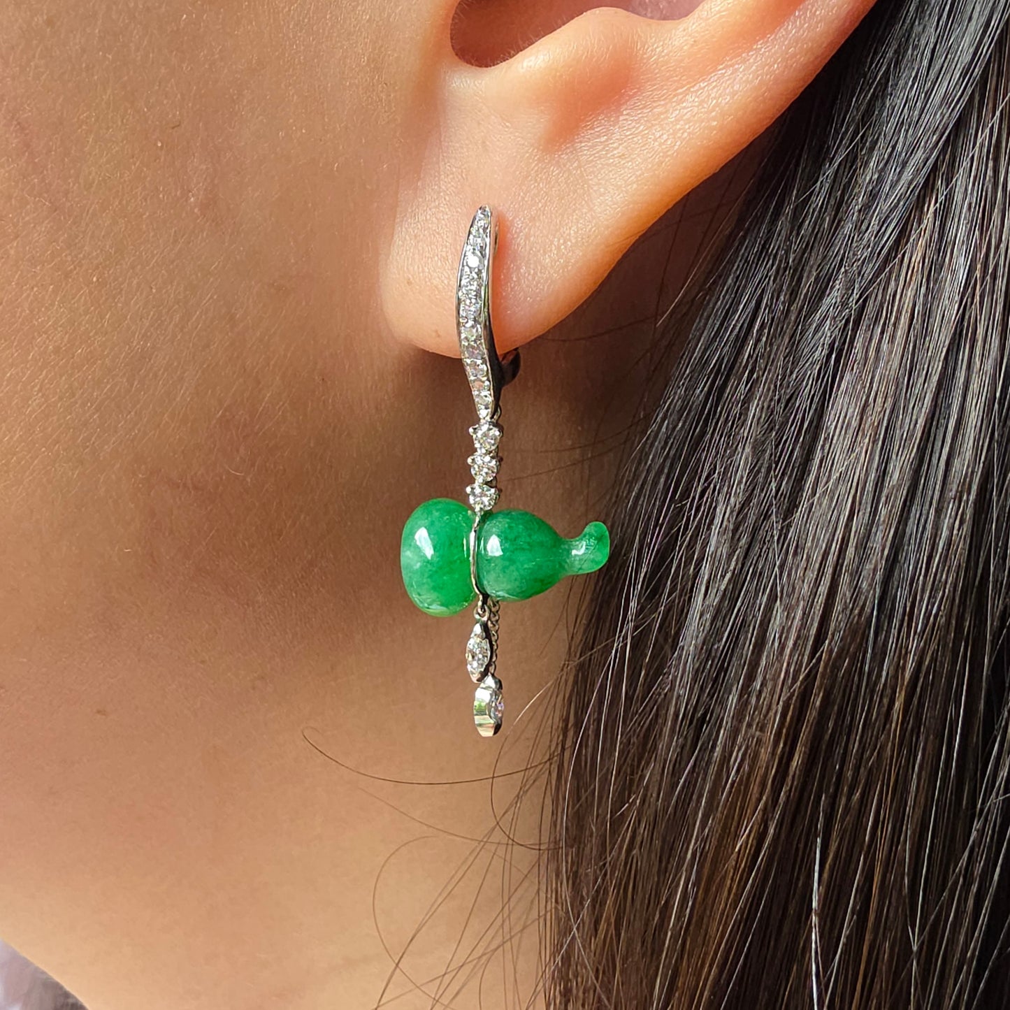 Brilliant Green "Auspicious Hulu" Jadeite Jade Drop & Dangle Earrings in White Gold with Diamonds