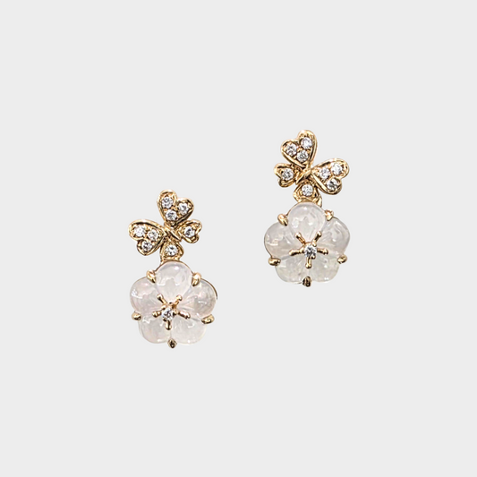 Icy "Peach Blossom" Jadeite Jade Earrings in Yellow Gold with Diamonds