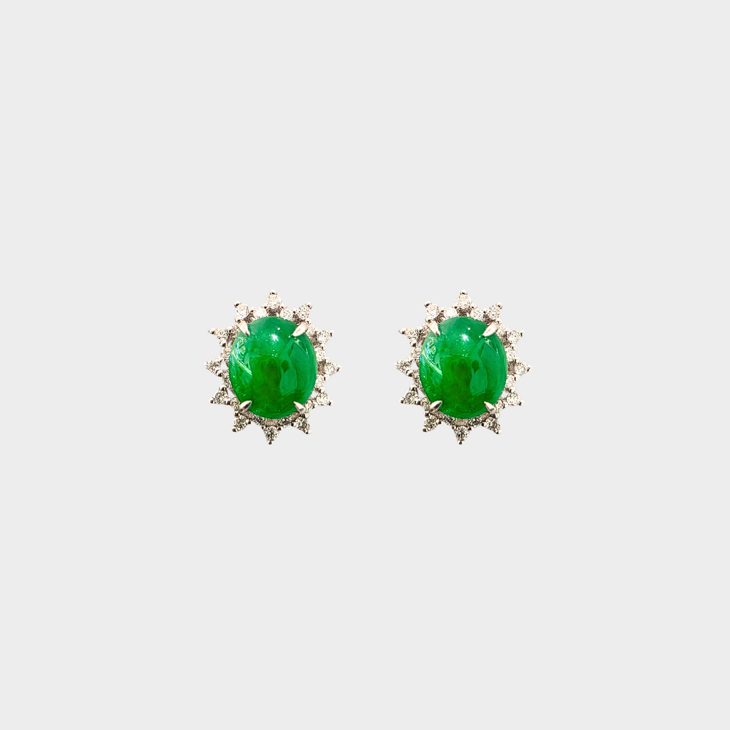 Green Jadeite Jade Stud Earrings in White Gold with Diamonds