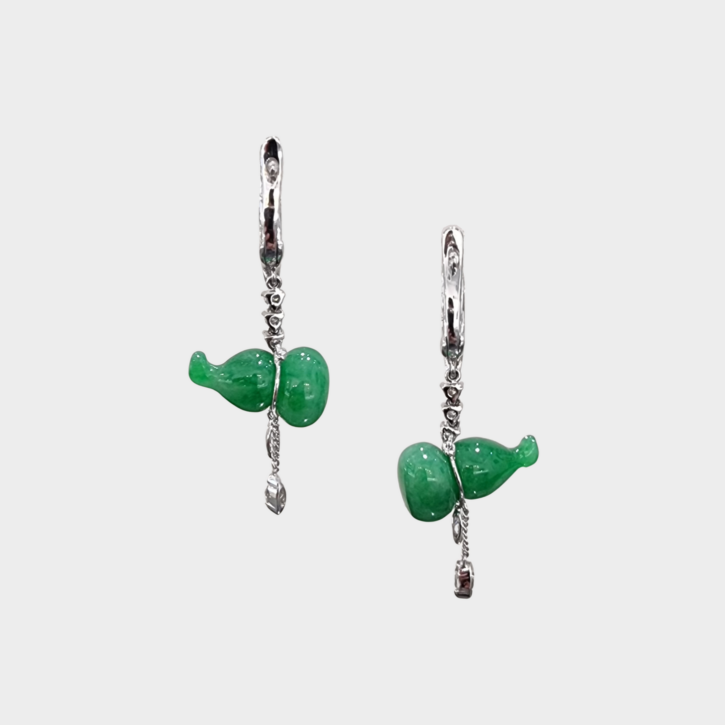 Brilliant Green "Auspicious Hulu" Jadeite Jade Drop & Dangle Earrings in White Gold with Diamonds