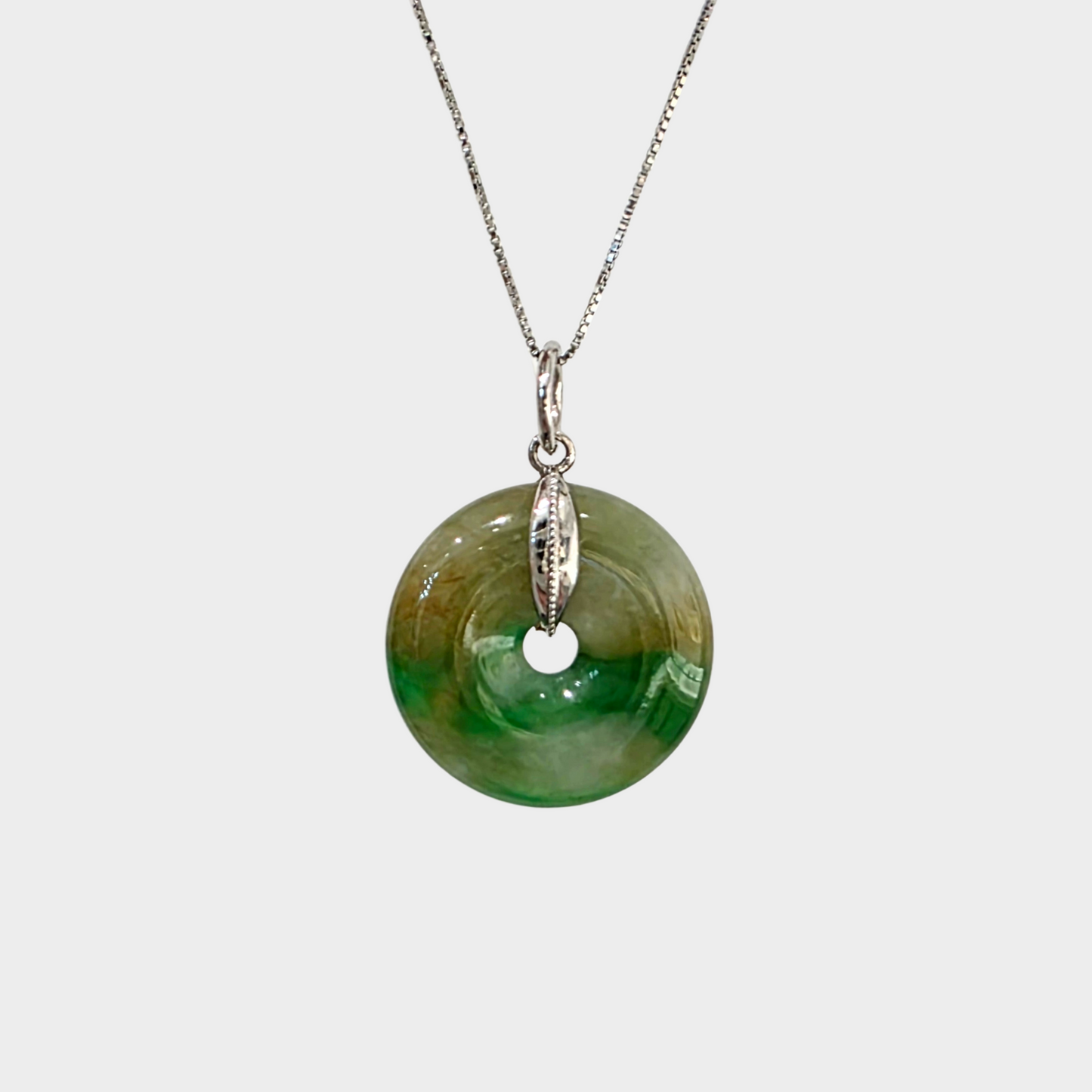 Yellow and Green "Lucky Coin" Jadeite Jade Pendant in White Gold