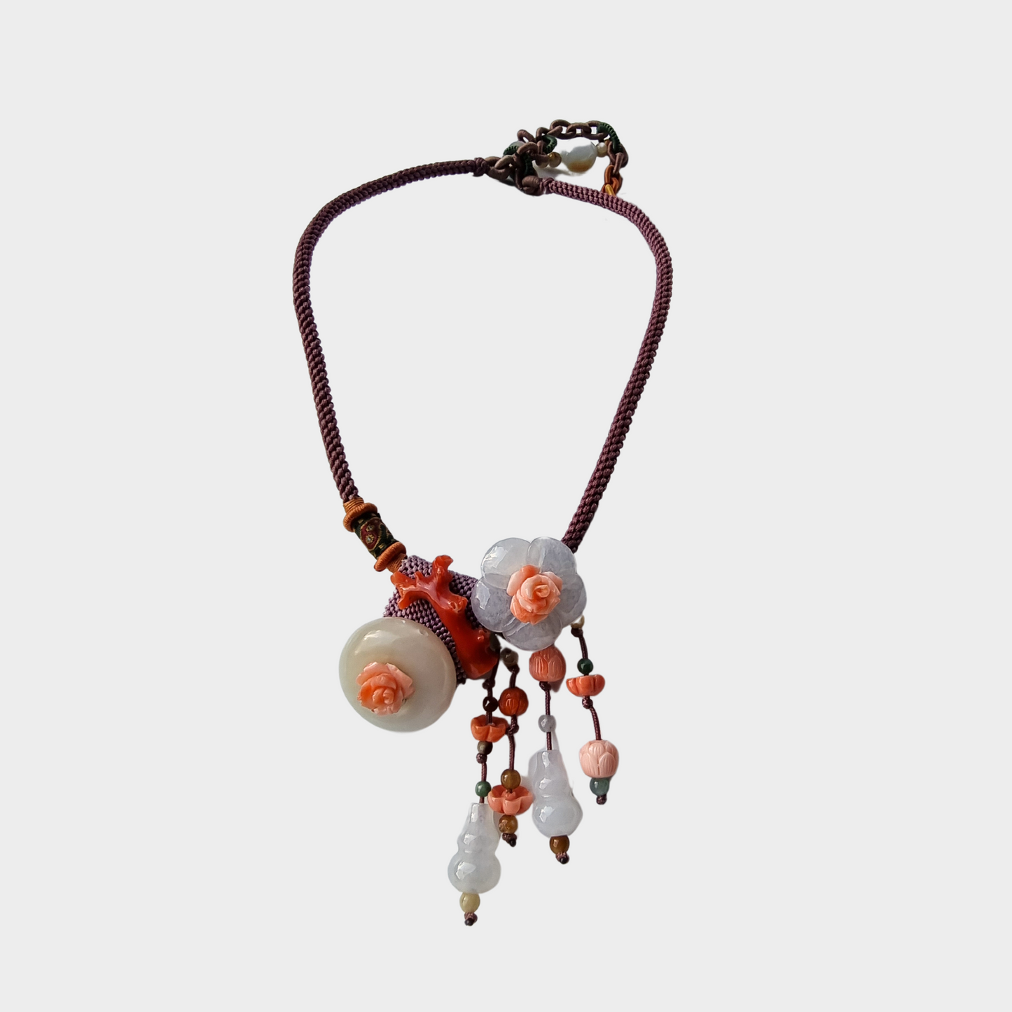 Jade and Coral Necklace in Chinese Knot Design