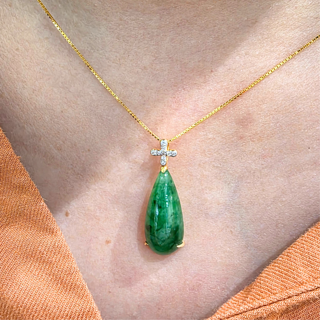 Forest Green "Teardrop" Jadeite Jade Pendant in White Gold with Diamonds