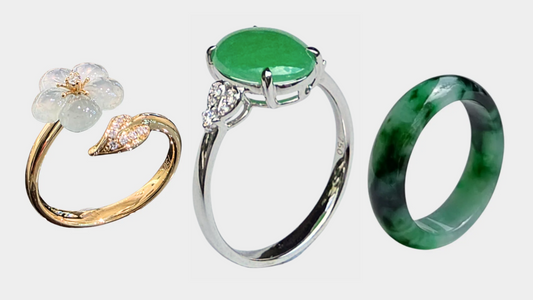 Jade rings - a green jade with white gold, a yellow gold set jade ring, and a green abacus jade ring for men