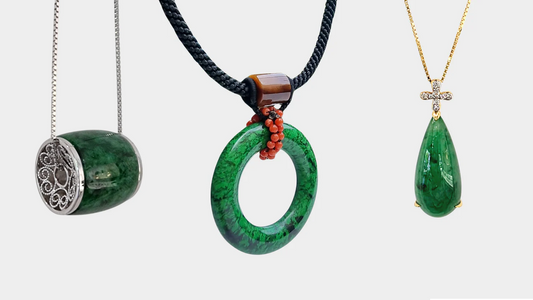Jadeite jade necklaces featuring a silver chain, a gold chain, and a Chinese knot