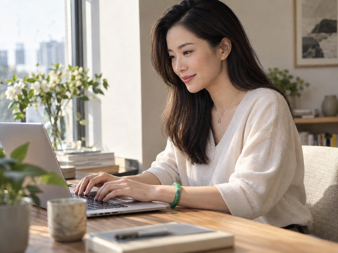 Woman wearing a Type A jade bangle as part of her everyday routine