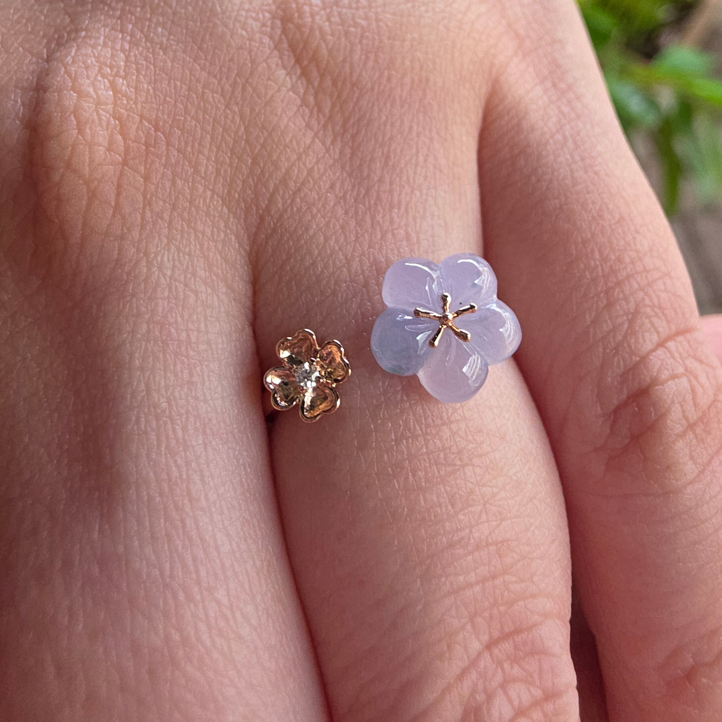 Icy Lavender "Peach Blossom" Jadeite Jade Ring in Rose Gold with Diamond