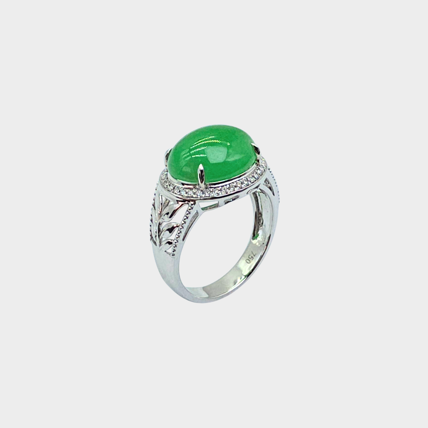 Jadeite Jade Cabochon Ring in White Gold with Diamonds