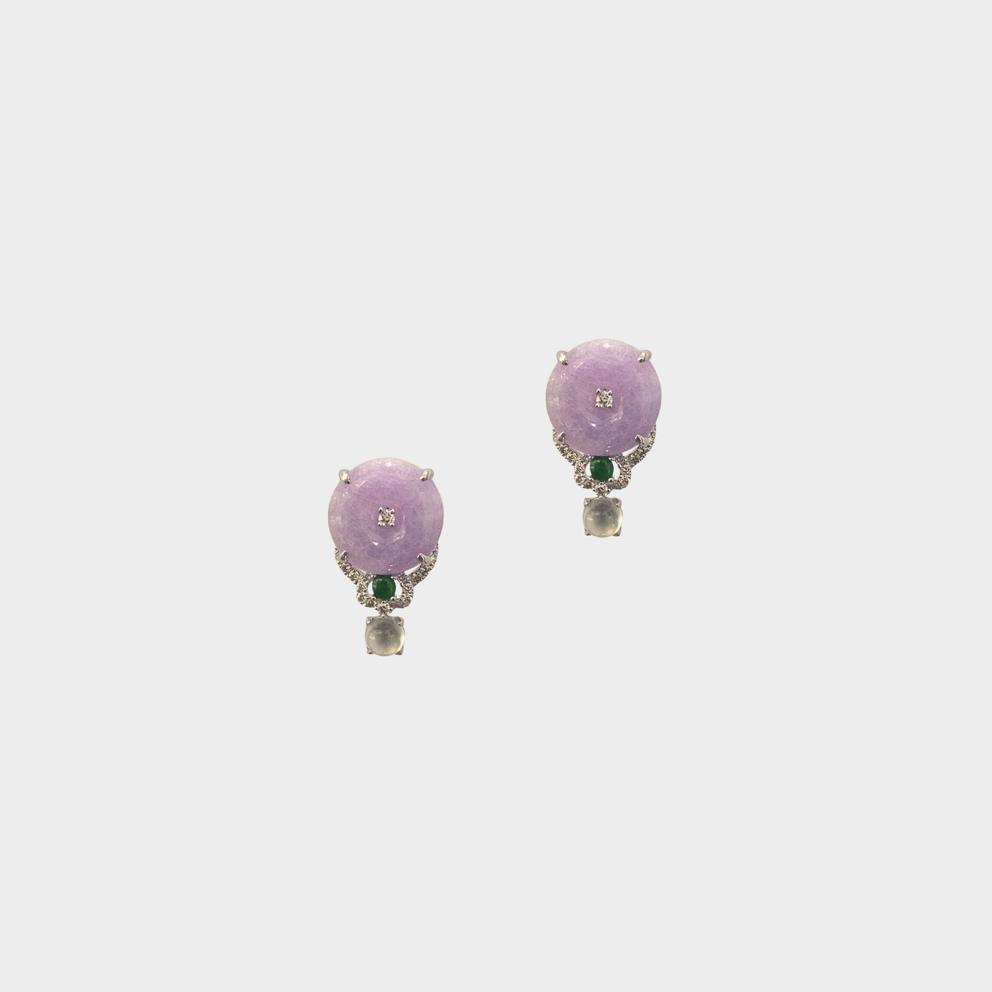 Lavender "Donuts" Jadeite Jade Stud Earrings in White Gold with Diamonds