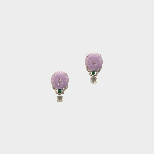 Lavender "Donuts" Jadeite Jade Stud Earrings in White Gold with Diamonds