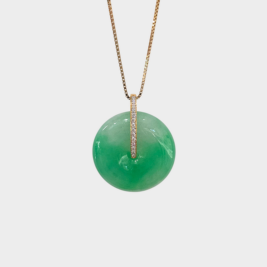 Green "Lucky Coin" Jadeite Jade Pendant in Yellow Gold with Diamonds