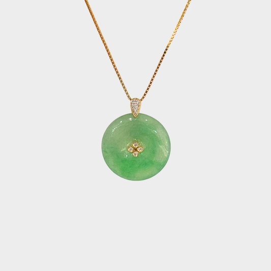 Apple Green Jadeite Jade "Lucky Coin" Pendant in Yellow Gold with Diamonds