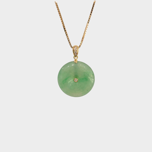 Green Jadeite Jade "Lucky Coin" Pendant in Yellow Gold with Diamonds