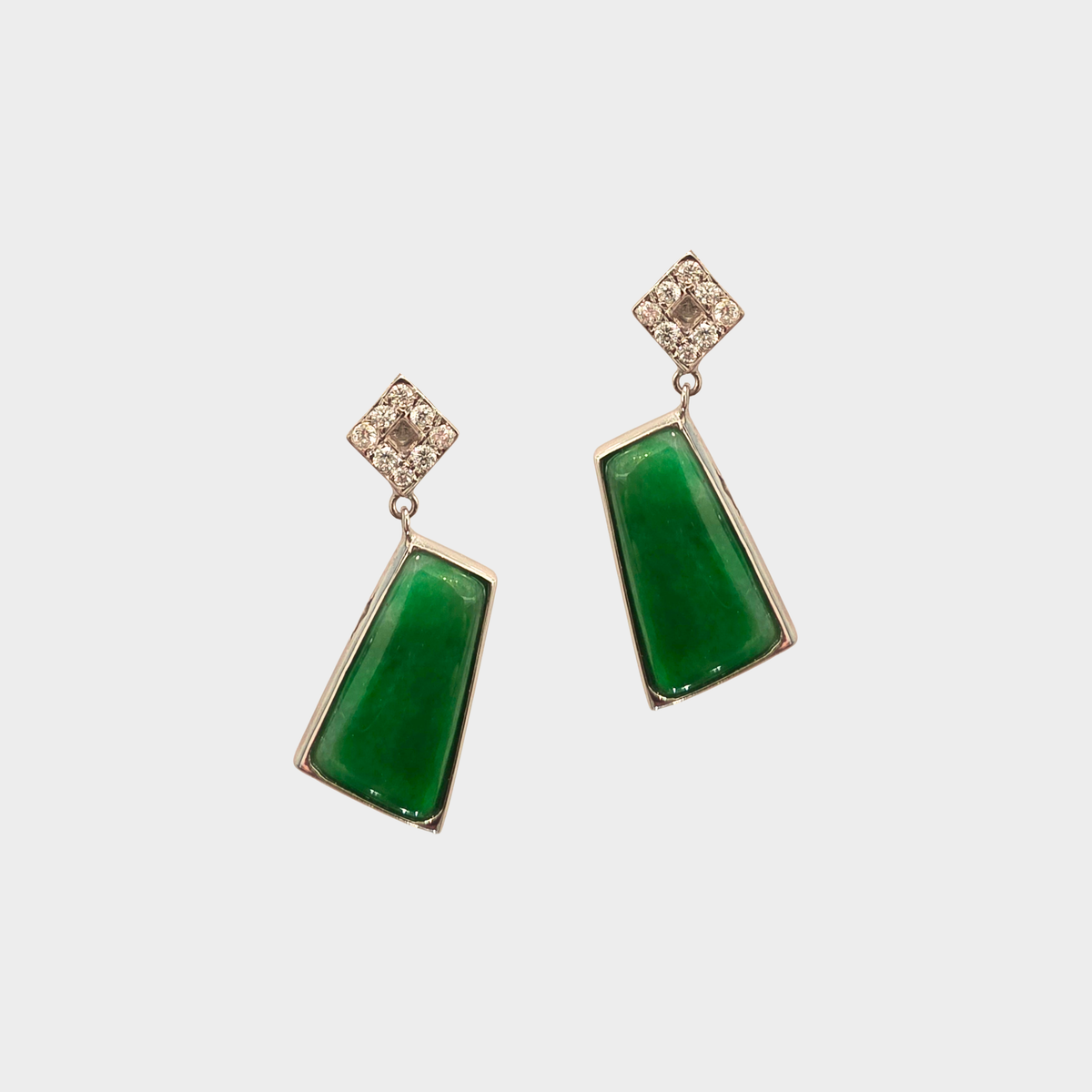 Green Jadeite Jade Drop & Dangle Earrings in White Gold with Diamonds
