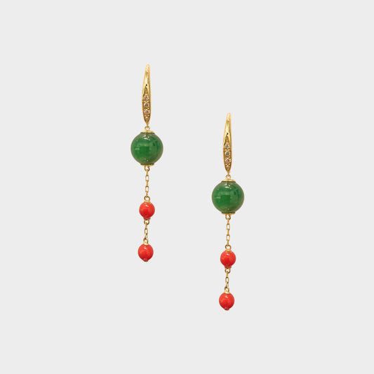 Jadeite Jade and Coral Beads Drop & Dangle Earrings in Yellow Gold with Diamonds