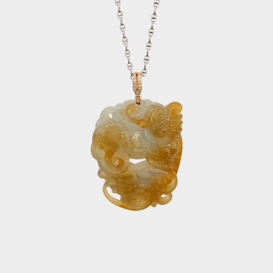 Honey Yellow Jadeite Jade "Ancient Dragon" Pendant in Yellow Gold with Diamonds