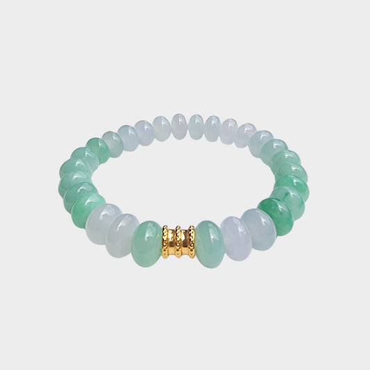 Green and Icy White Jadeite Beads Bracelet with Gold Barrel