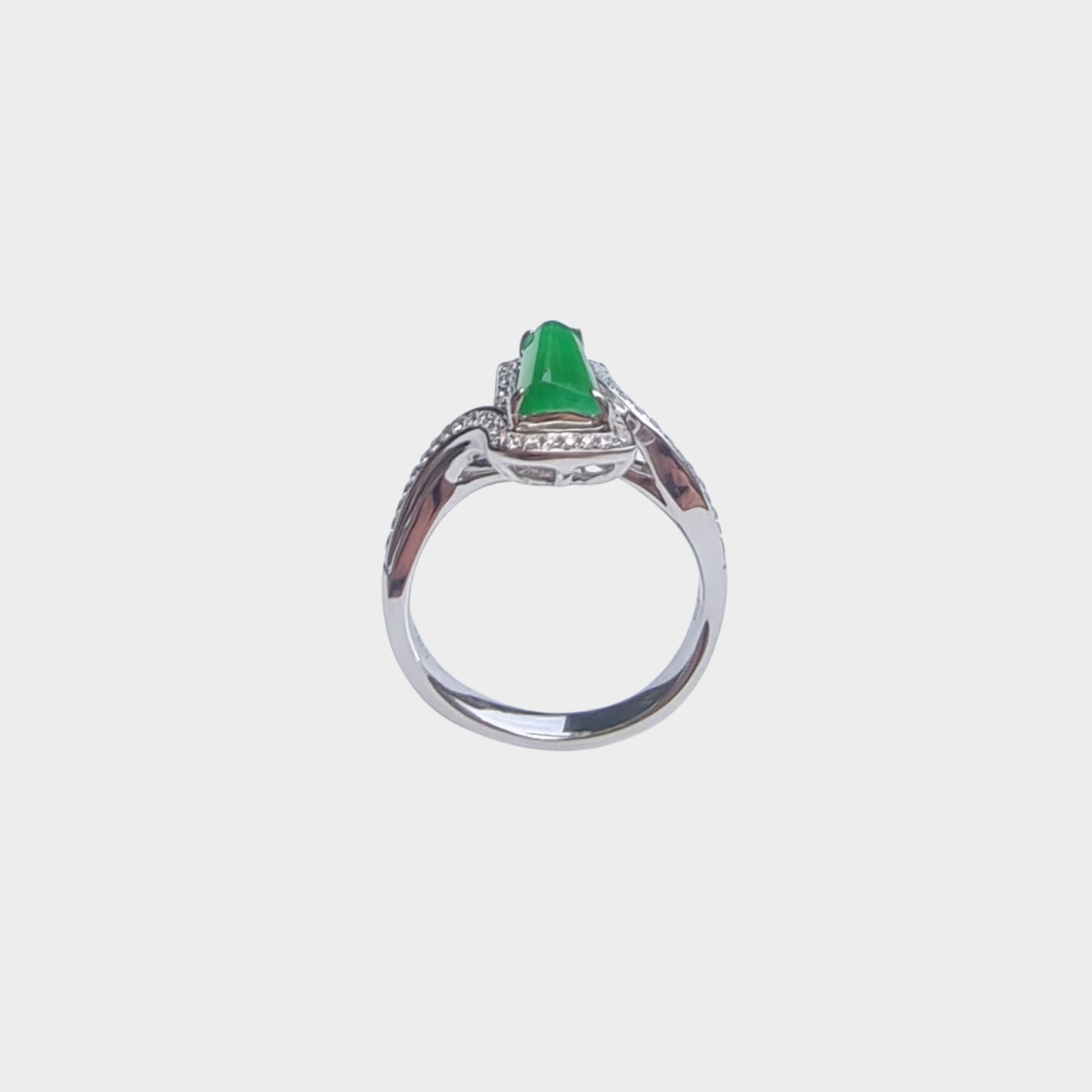 "Trapezoid" Apple Green Jadeite Jade Ring in White Gold with Diamonds