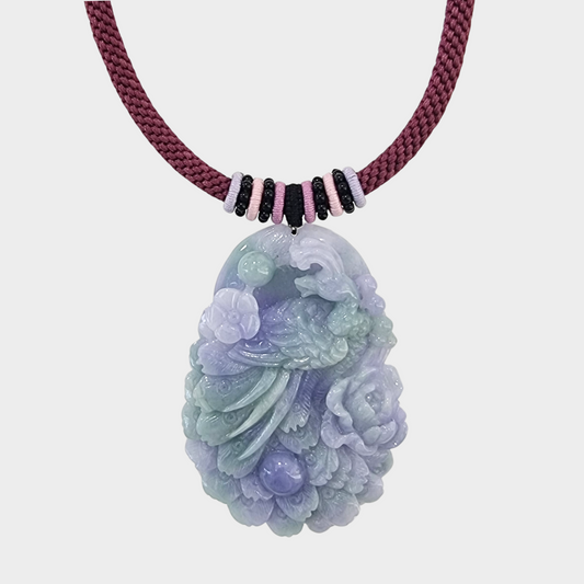 "The Majestic Peacock" Jadeite Jade Pendant in Chinese Knot Design