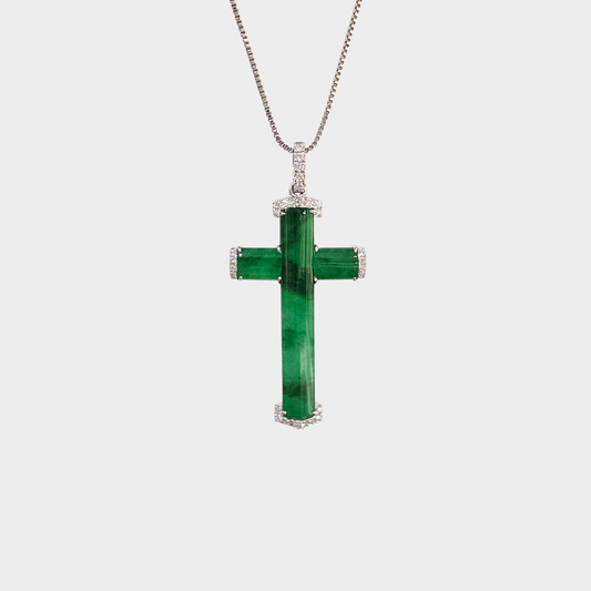 Jadeite Jade "Cross" Pendant in White Gold with Diamonds