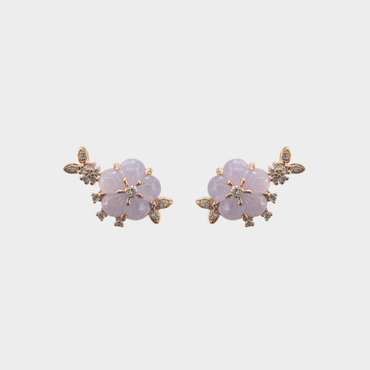 Lavender "Peach Blossom" Jadeite Jade Earrings in Rose Gold with Diamonds
