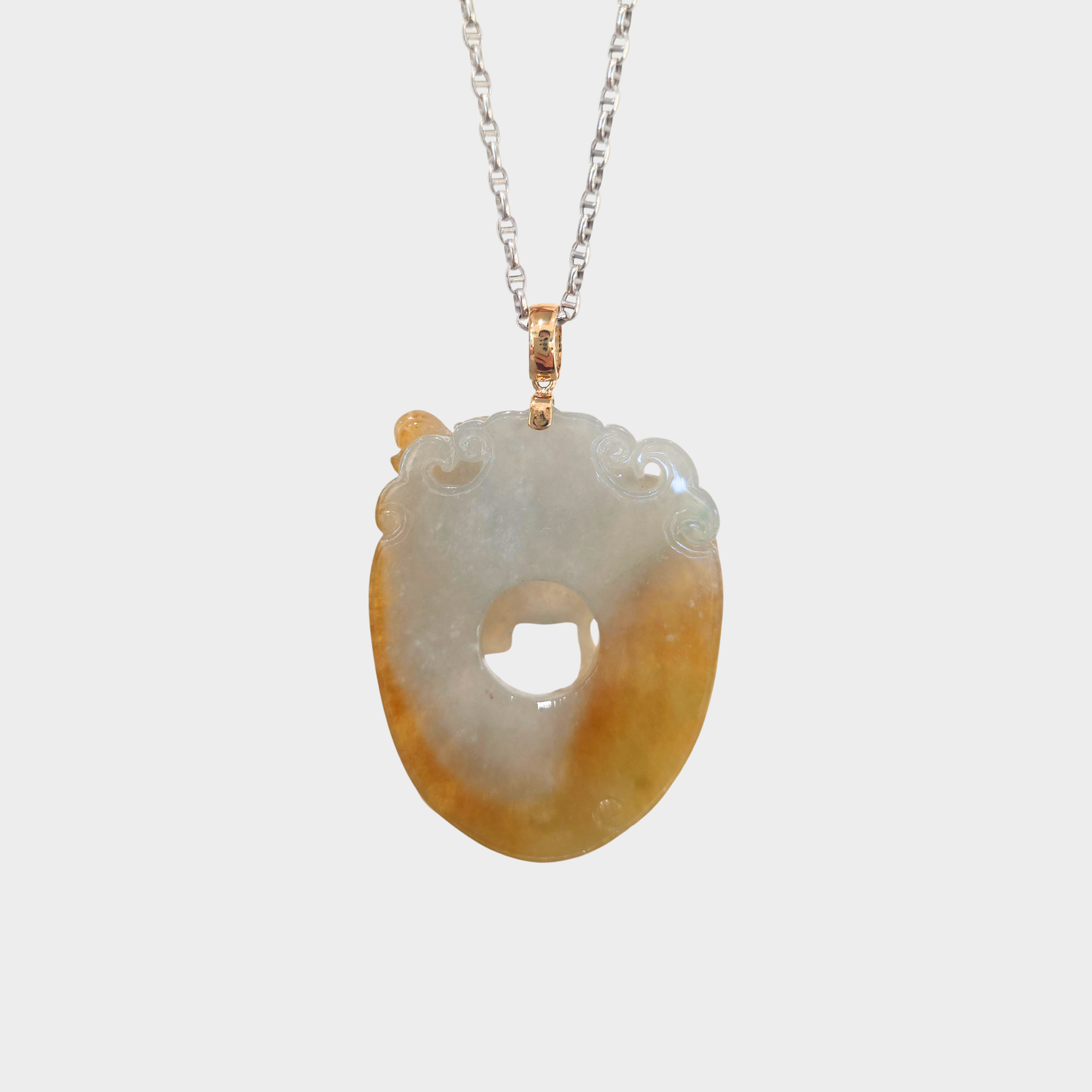 Honey Yellow Jadeite Jade "Ancient Dragon" Pendant in Yellow Gold with Diamonds