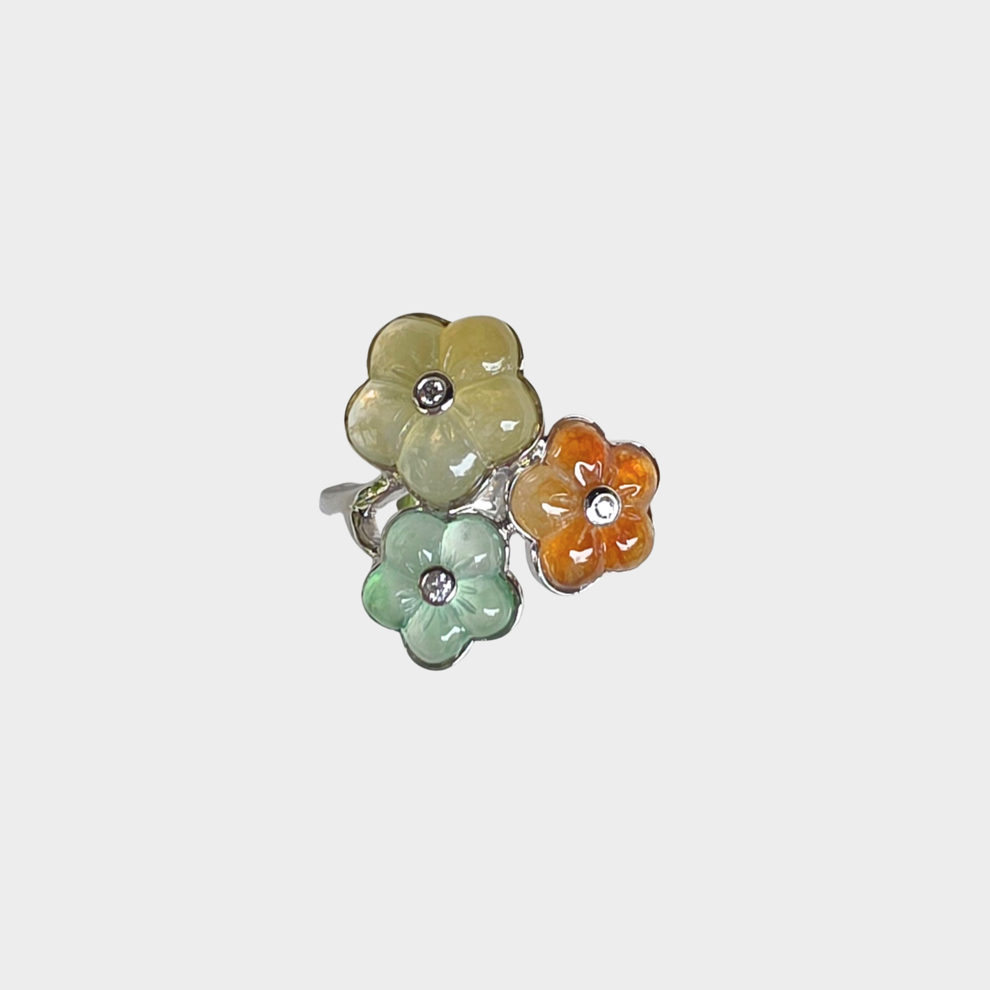"Blooming Flowers" Jadeite Jade Ring in White Gold with Diamonds