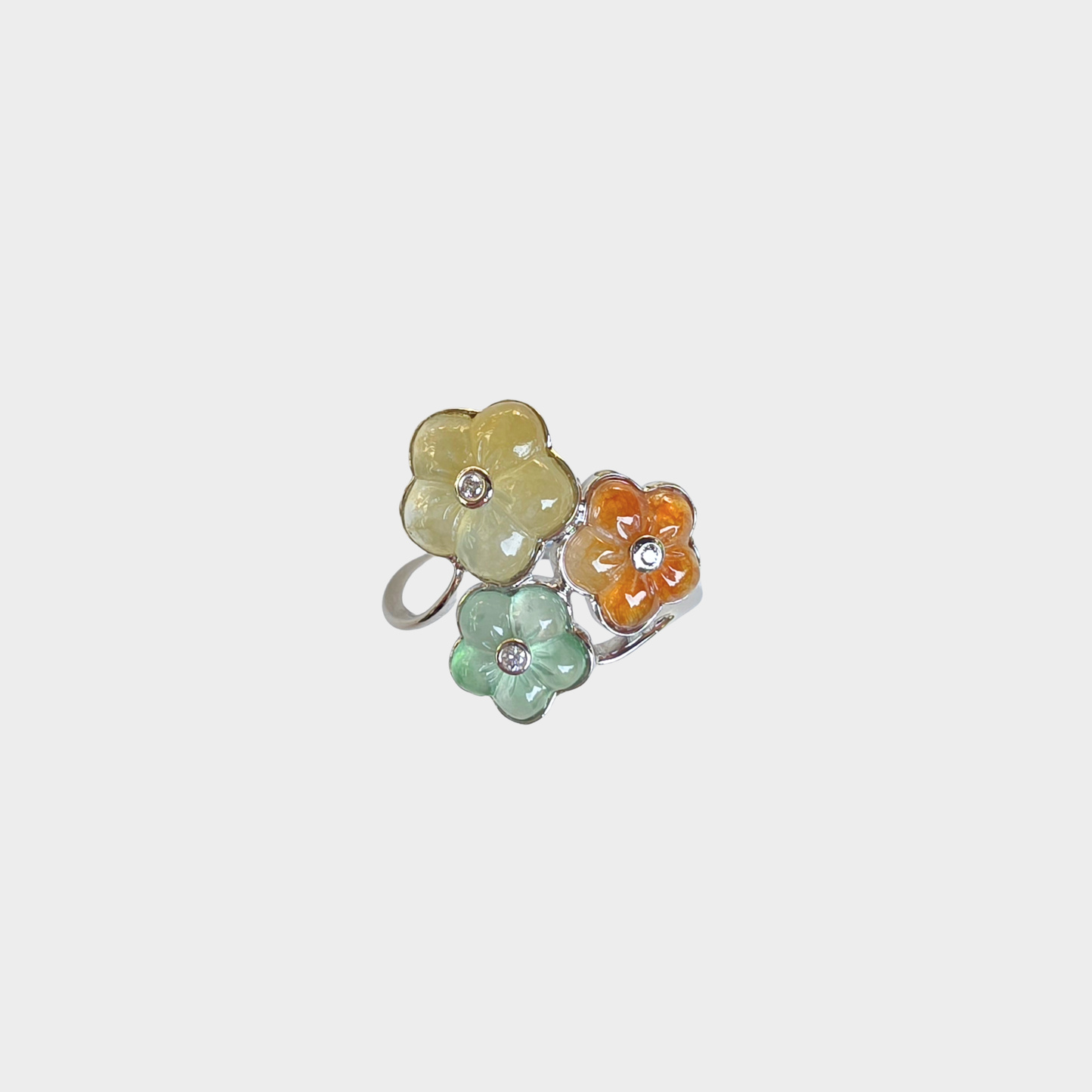 "Blooming Flowers" Jadeite Jade Ring in White Gold with Diamonds