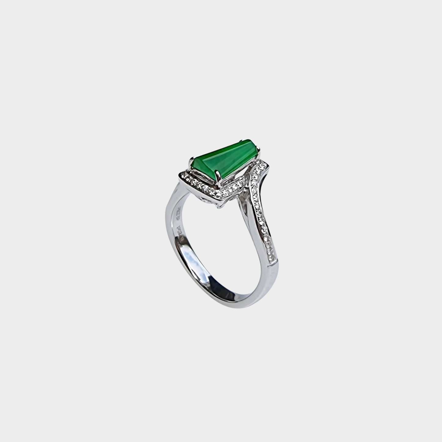"Trapezoid" Apple Green Jadeite Jade Ring in White Gold with Diamonds