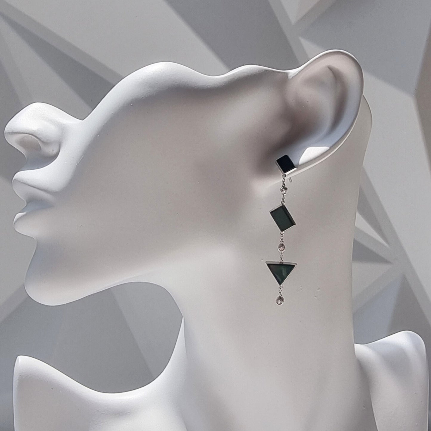 Omphacite Jadeite Jade Triple-Drop Earrings in White Gold with Diamonds