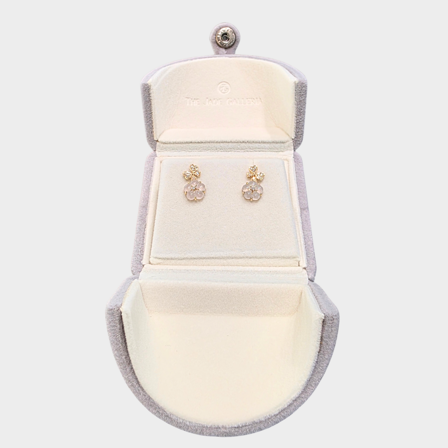 Icy "Peach Blossom" Jadeite Jade Earrings in Yellow Gold with Diamonds