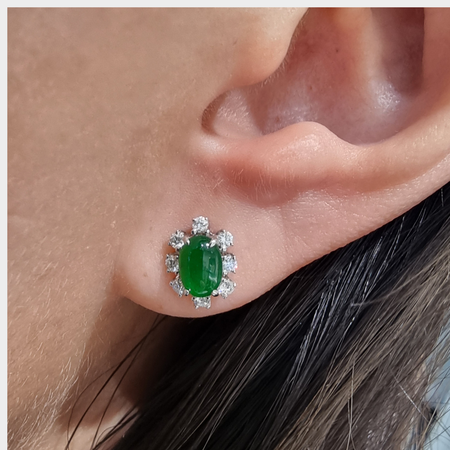 Emerald Green Jadeite Jade Stud Earrings in White Gold with Diamonds