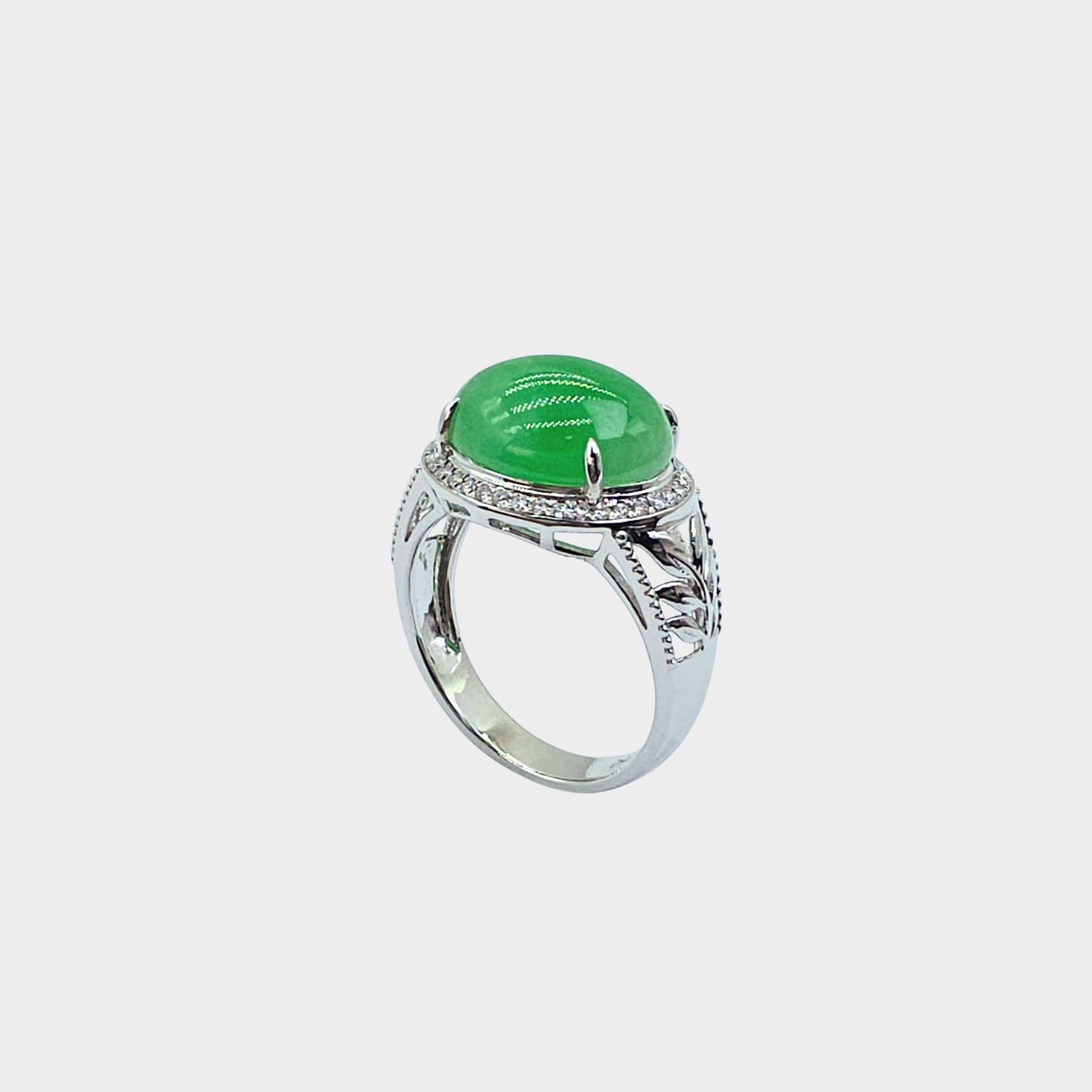 Jadeite Jade Cabochon Ring in White Gold with Diamonds