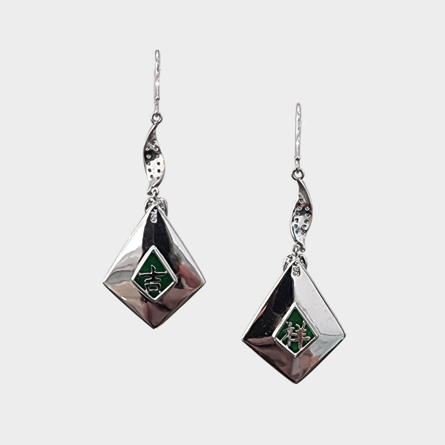 Spicy Green Jadeite Jade Drop & Dangle Earrings in White Gold with Diamonds