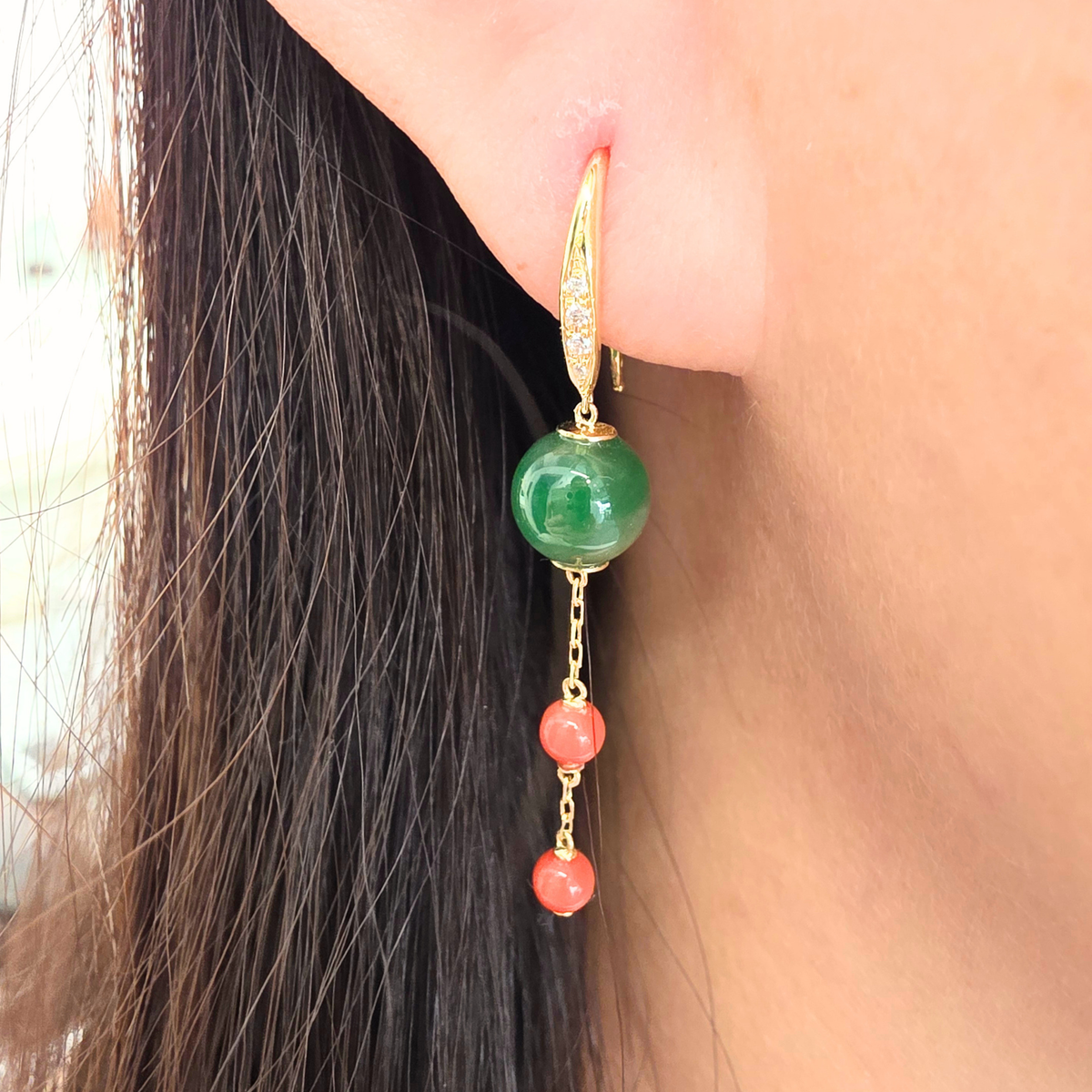 Jadeite Jade and Coral Beads Drop & Dangle Earrings in Yellow Gold with Diamonds
