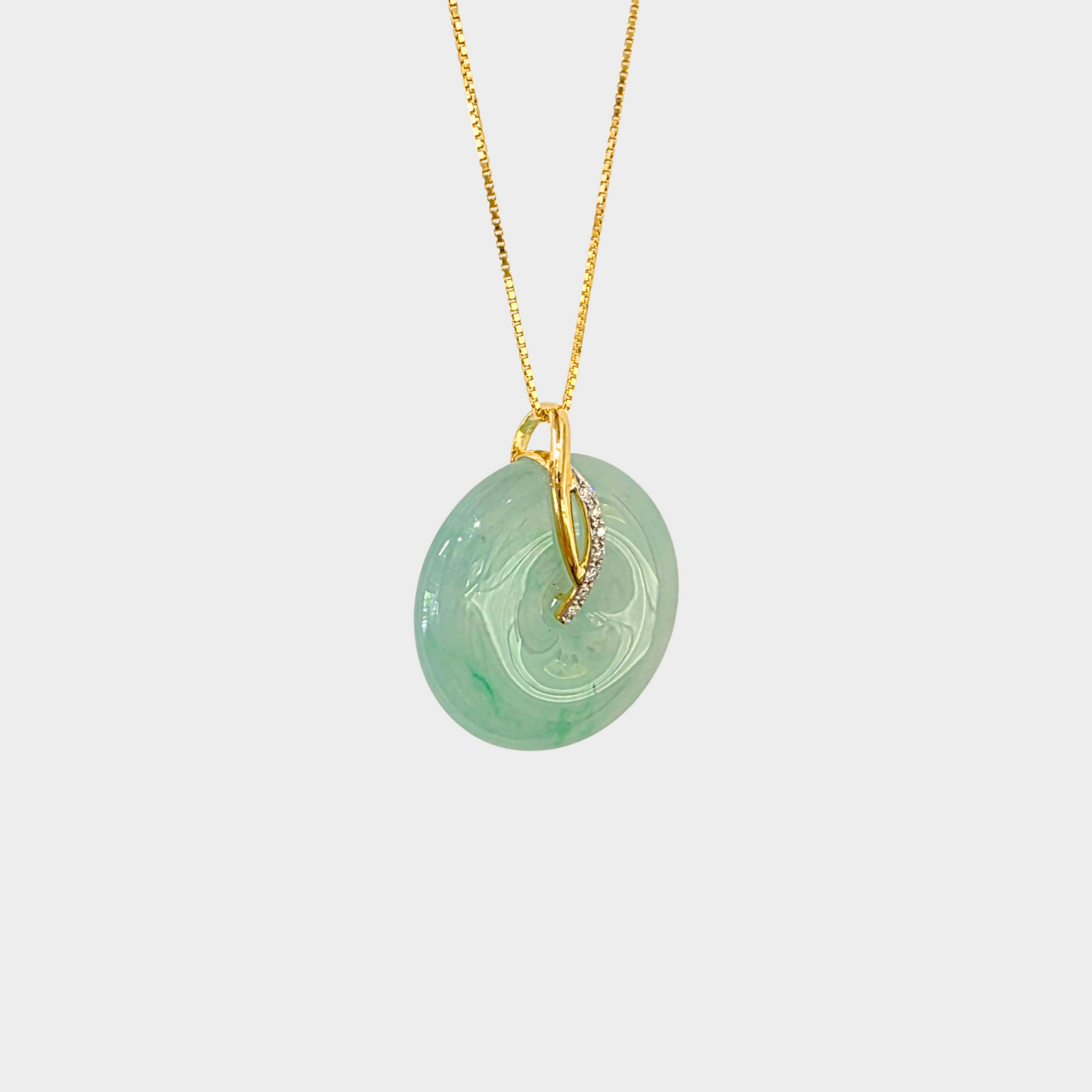 Icy Green Jadeite Jade "Lucky Coin" Pendant in Yellow Gold with Diamonds