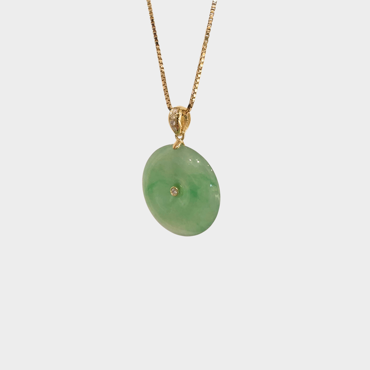 Green Jadeite Jade "Lucky Coin" Pendant in Yellow Gold with Diamonds