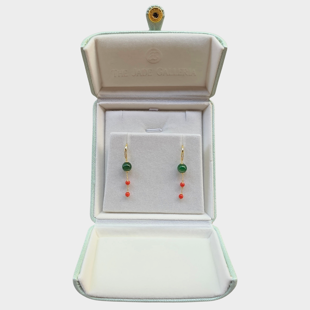 Jadeite Jade and Coral Beads Drop & Dangle Earrings in Yellow Gold with Diamonds
