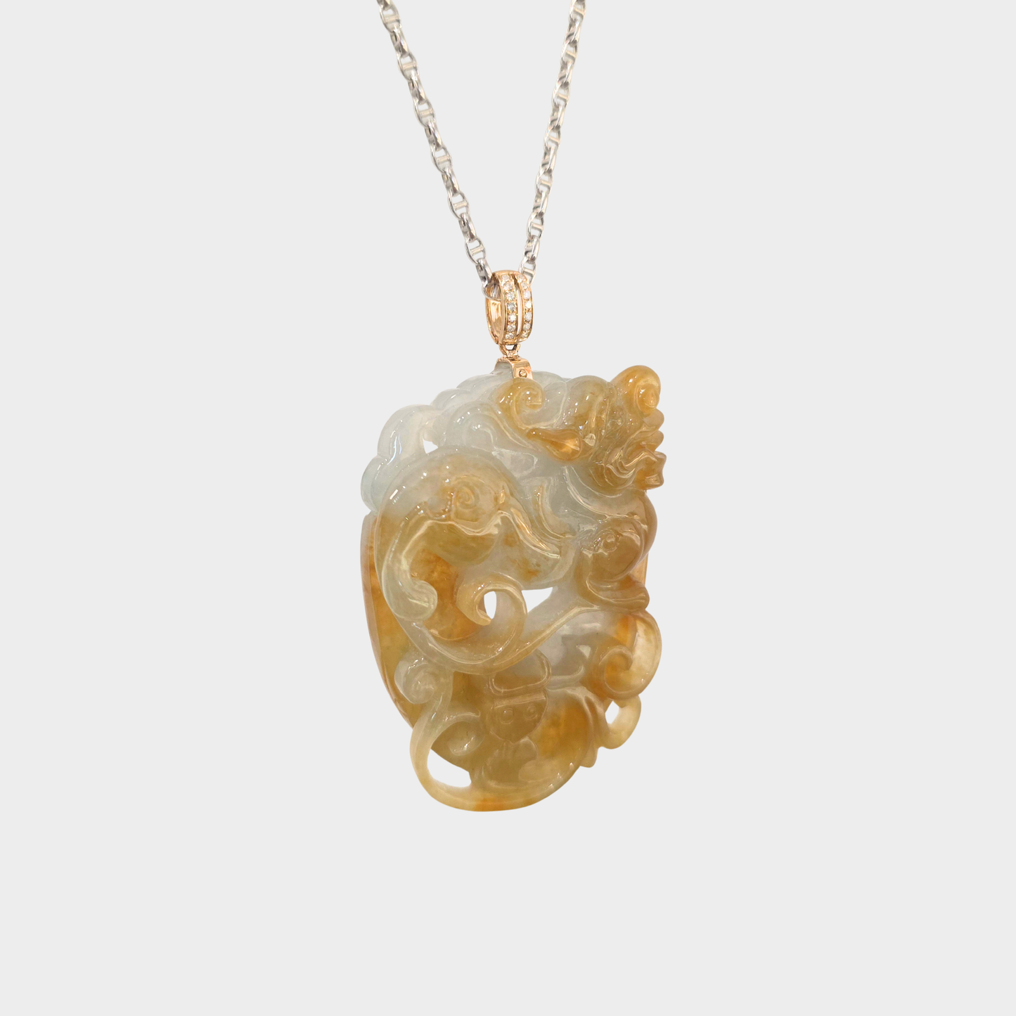 Honey Yellow Jadeite Jade "Ancient Dragon" Pendant in Yellow Gold with Diamonds