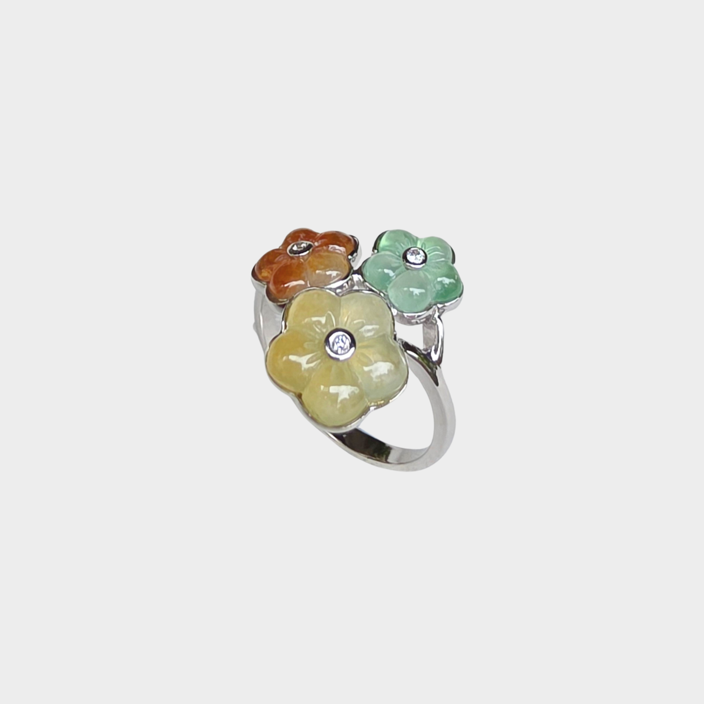 "Blooming Flowers" Jadeite Jade Ring in White Gold with Diamonds