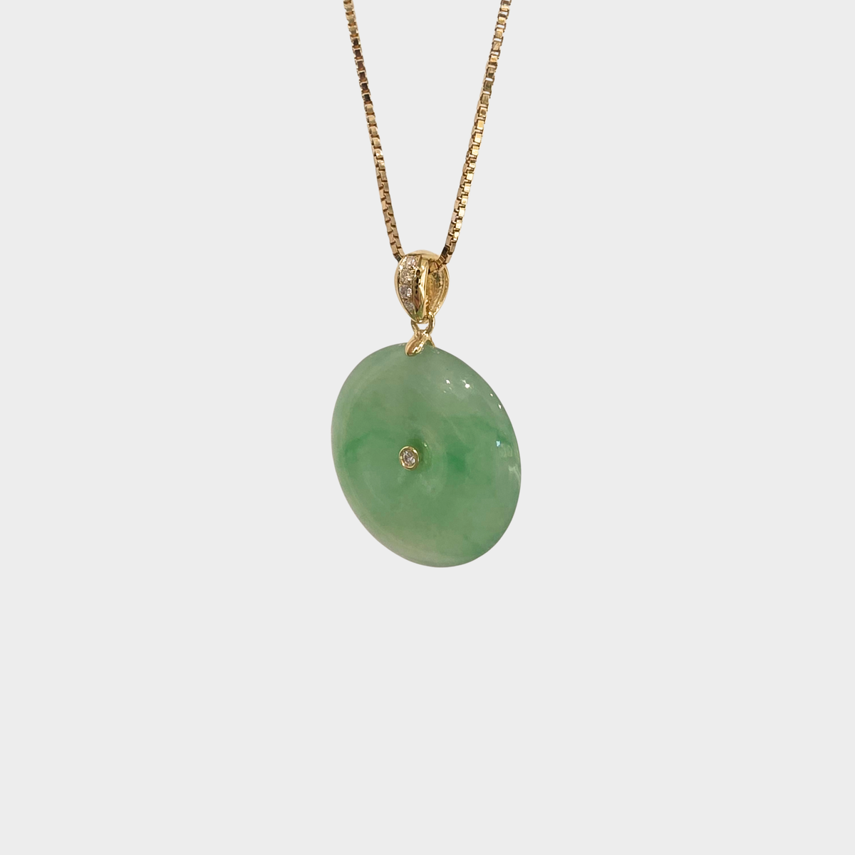 Green Jadeite Jade "Lucky Coin" Pendant in Yellow Gold with Diamonds