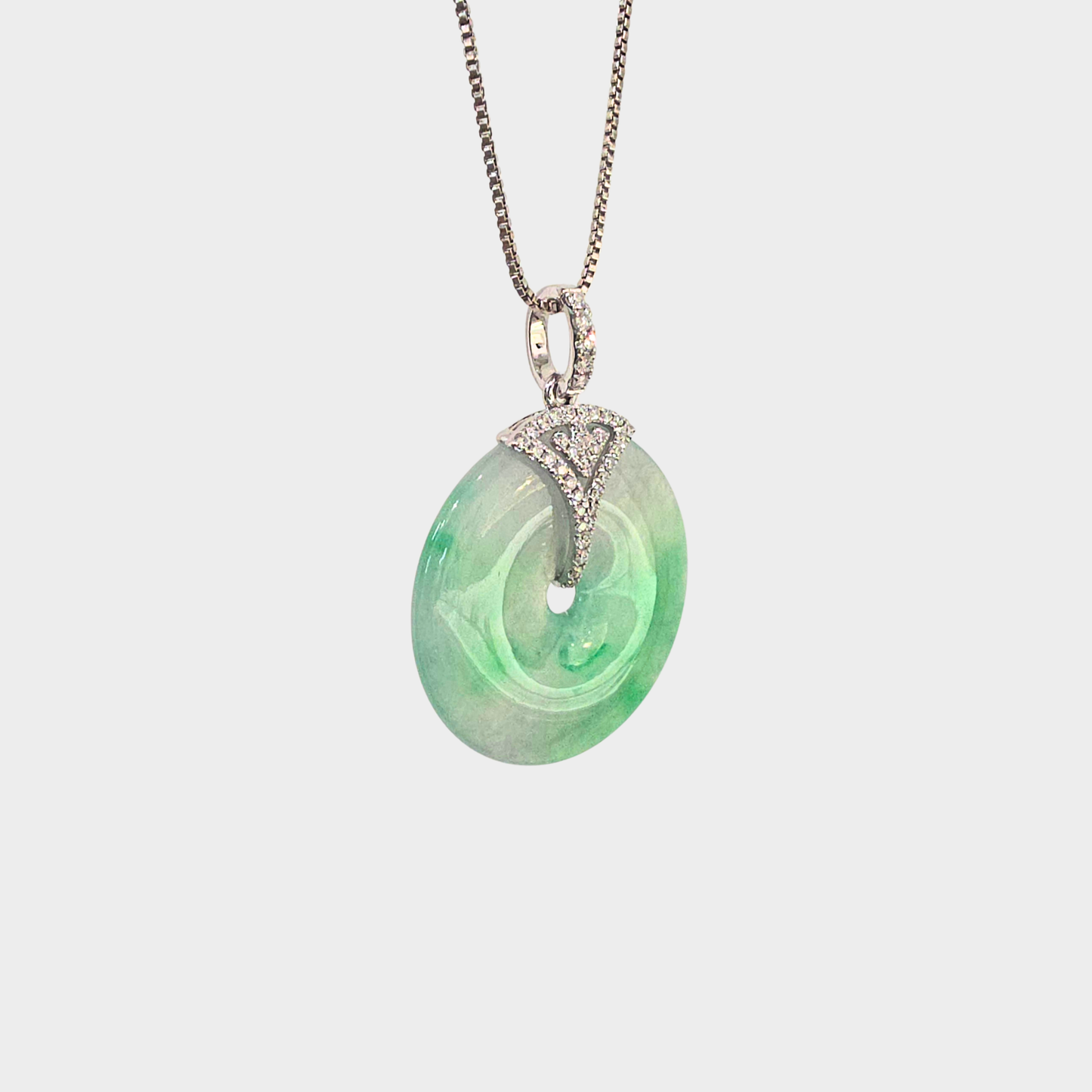 Icy Green Jadeite Jade "Lucky Coin" Pendant in White Gold with Diamonds