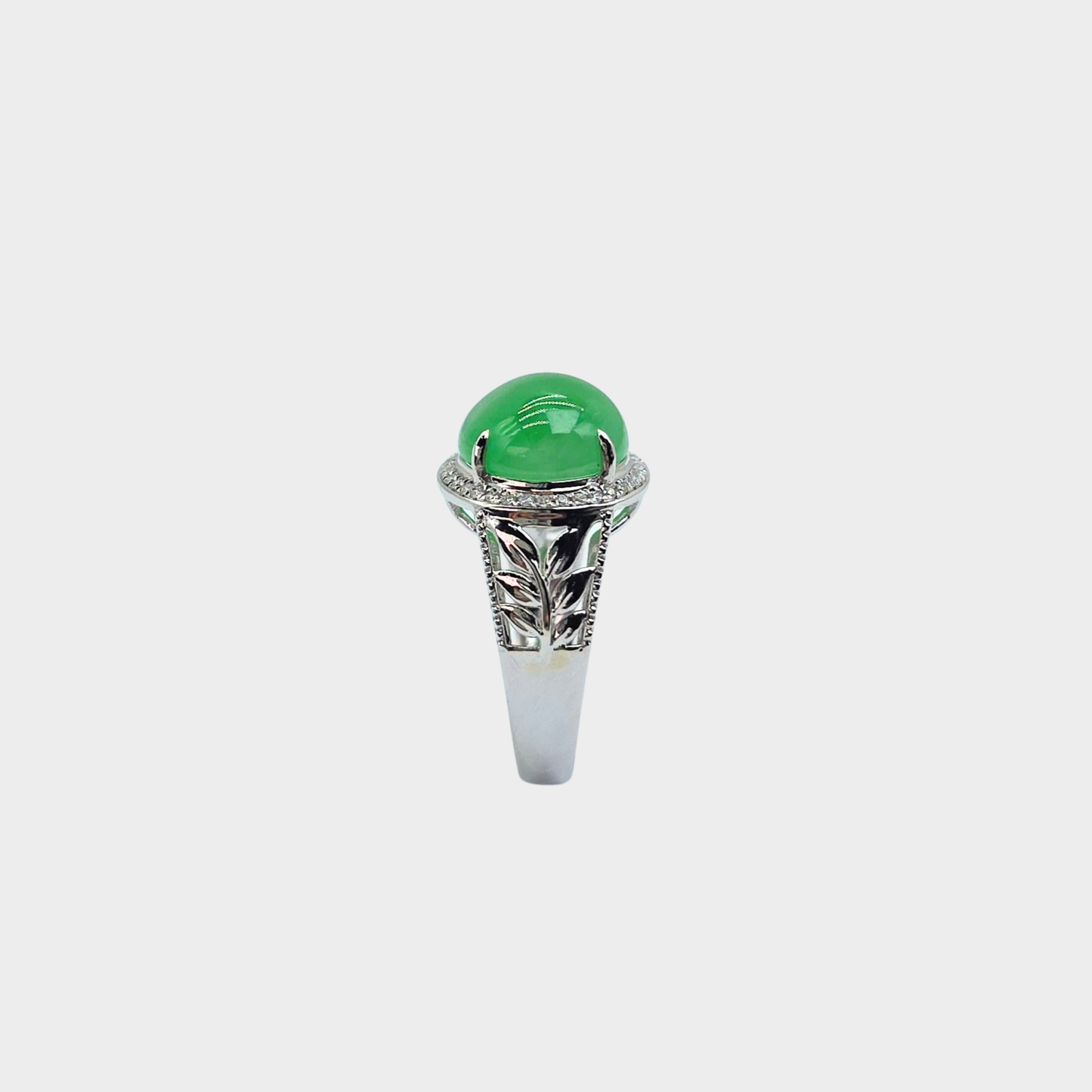 Jadeite Jade Cabochon Ring in White Gold with Diamonds