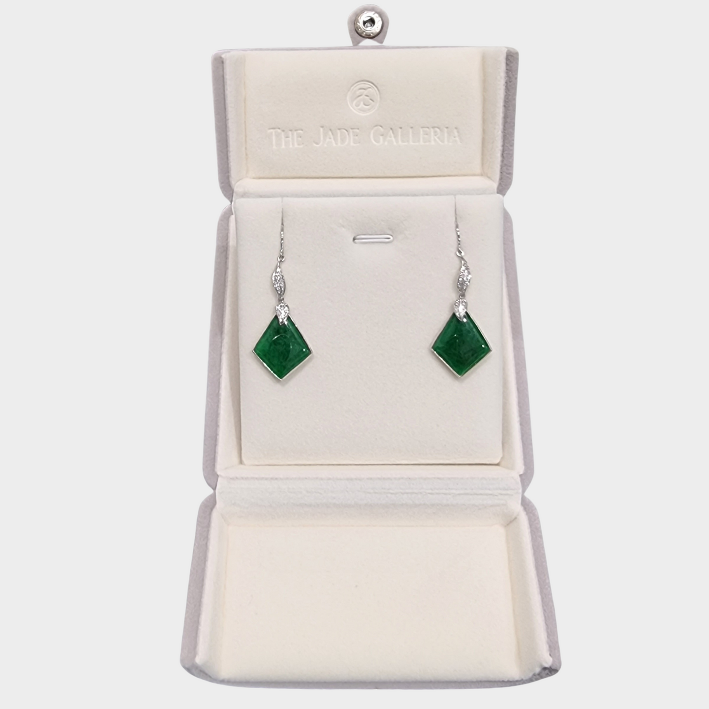 Spicy Green Jadeite Jade Drop & Dangle Earrings in White Gold with Diamonds