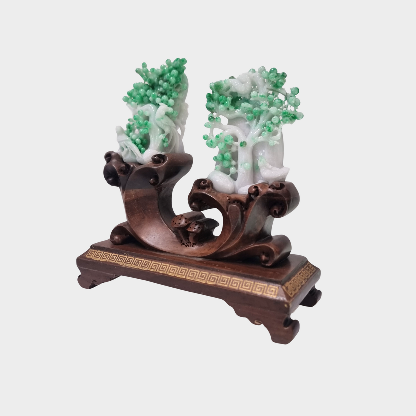Spicy Green "Fruit Trees and Magpie Birds" Jadeite Jade Display