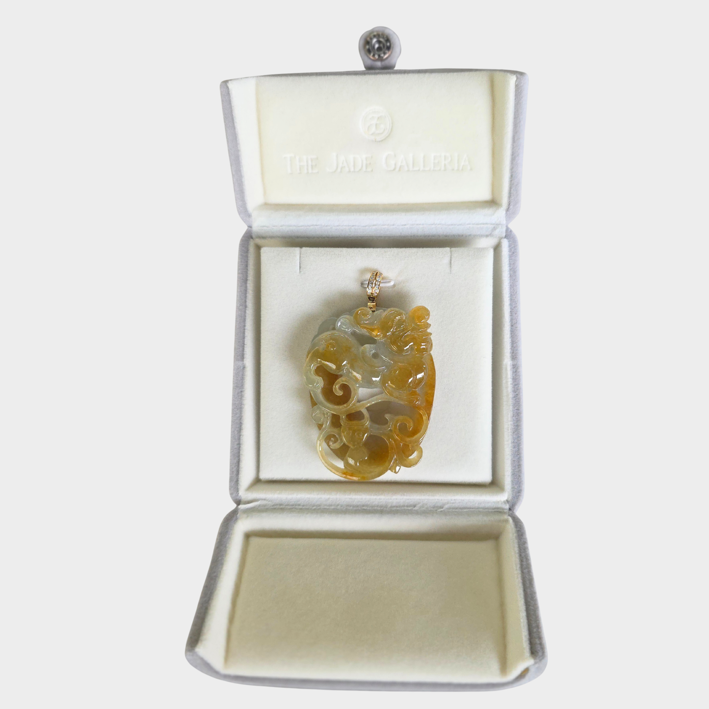 Honey Yellow Jadeite Jade "Ancient Dragon" Pendant in Yellow Gold with Diamonds