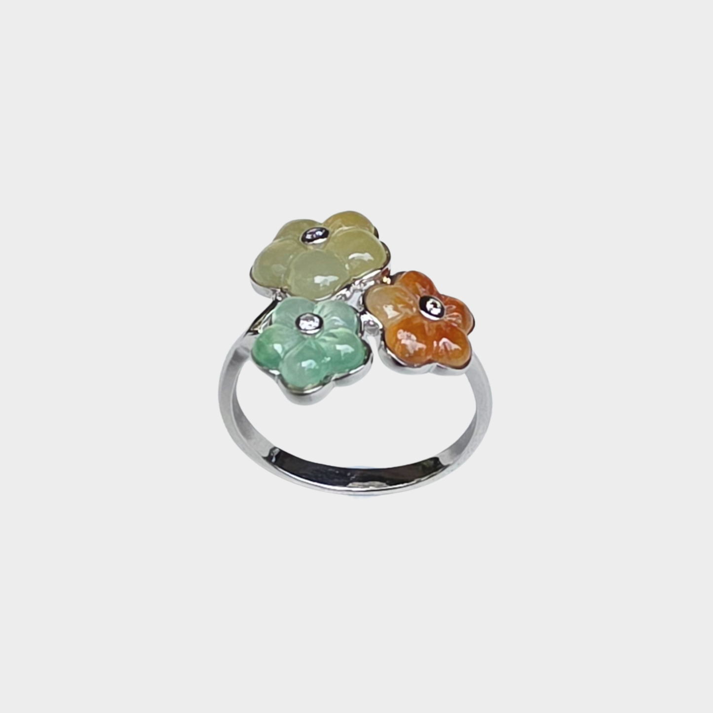 "Blooming Flowers" Jadeite Jade Ring in White Gold with Diamonds