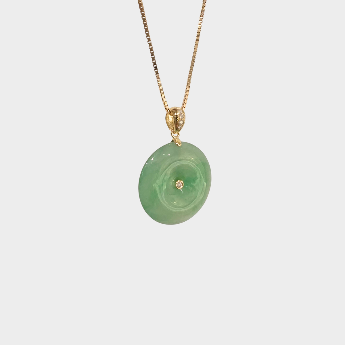 Green Jadeite Jade "Lucky Coin" Pendant in Yellow Gold with Diamonds